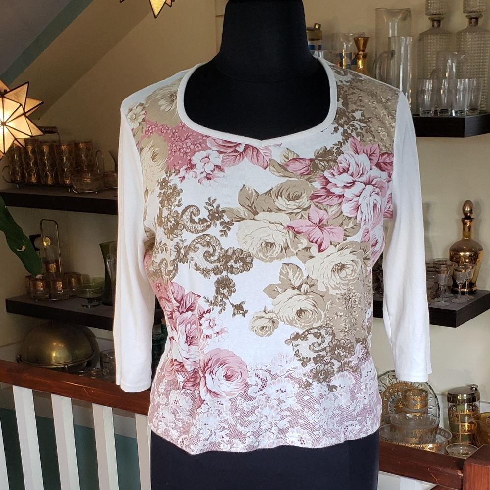Emma James Womens White And Pink Floral Knit Top
